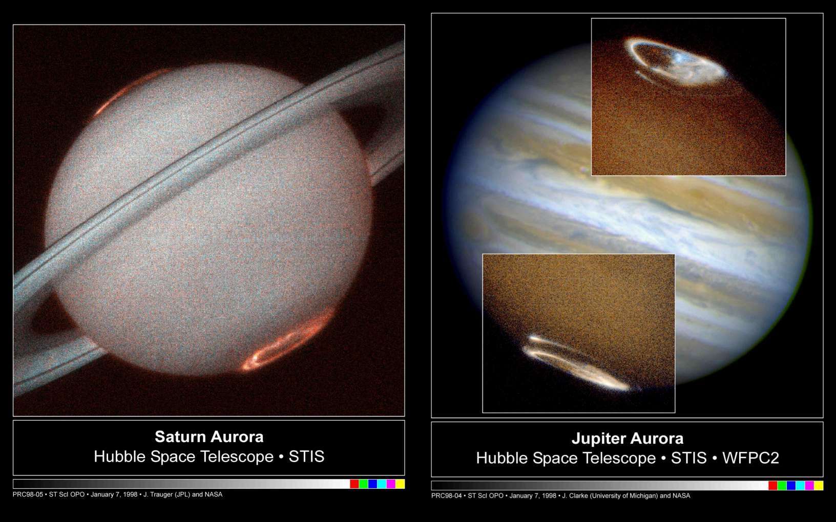 I konei ka kite koe i nga whakaahua o te aorangi Saturn me te Jupiter i tangohia e NASA me nga kohao e rua