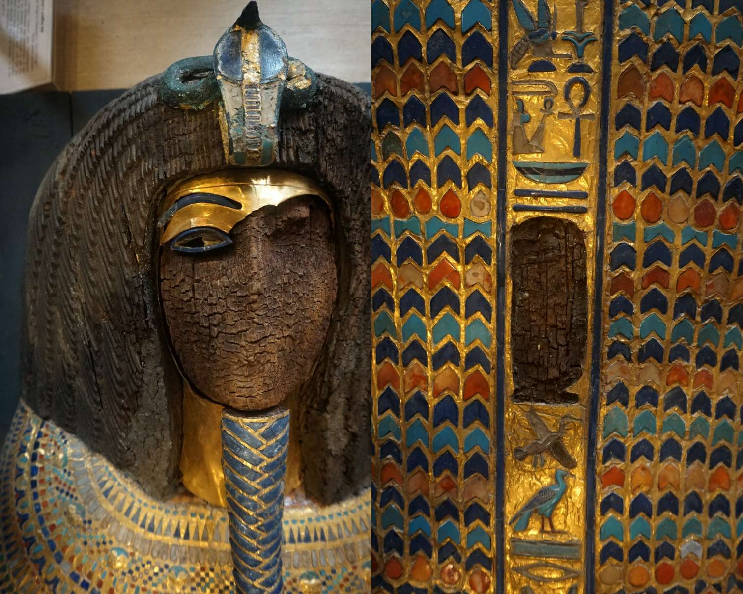 The KV55 coffin: The ripped off face mask (left), hieroglyphic band with erased cartouche (right)