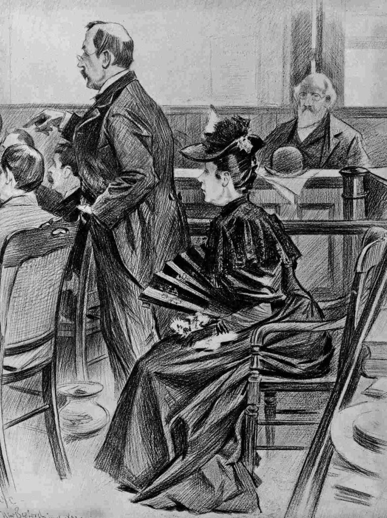 Lizzie Borden tijdens het proces, door Benjamin West Clinedinst