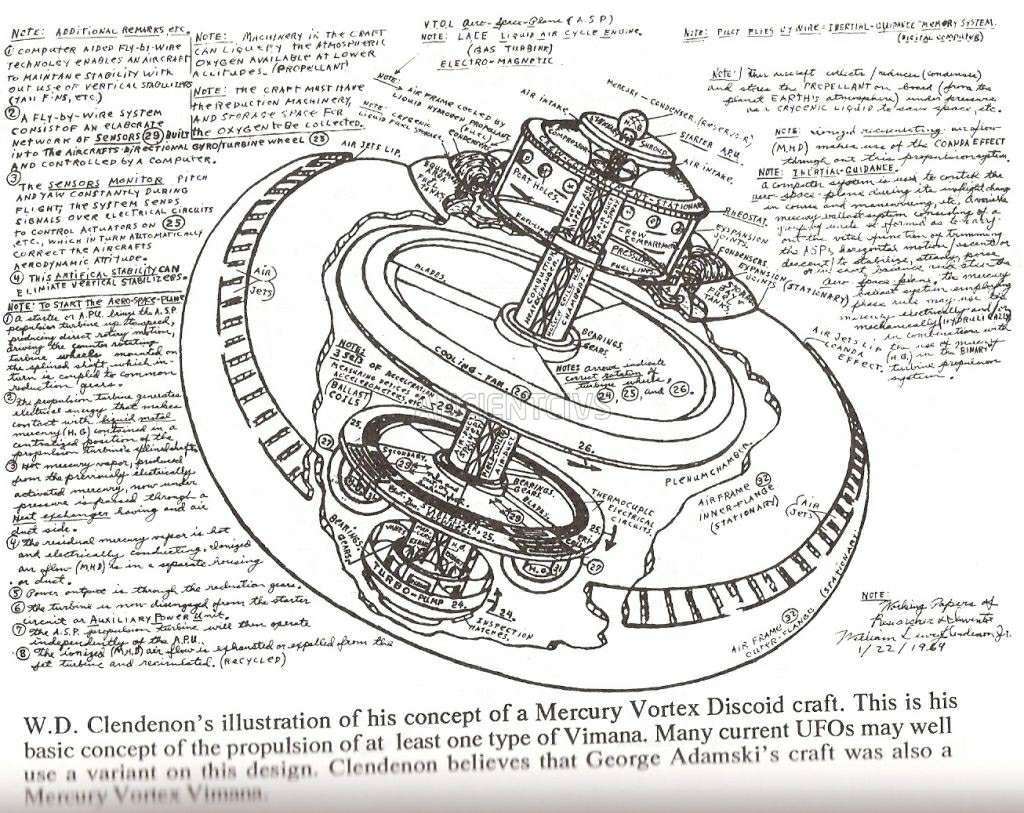 An UFO type Vimanas blueprint showing the ionizing mercury engine used to p...