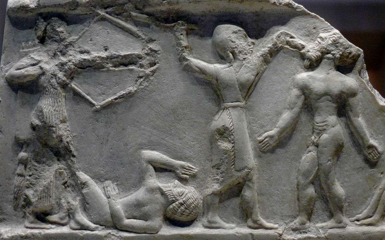 Akkadian soldiers slaying enemies, circa 2300 BC, possibly from a Victory Stele of Rimush.