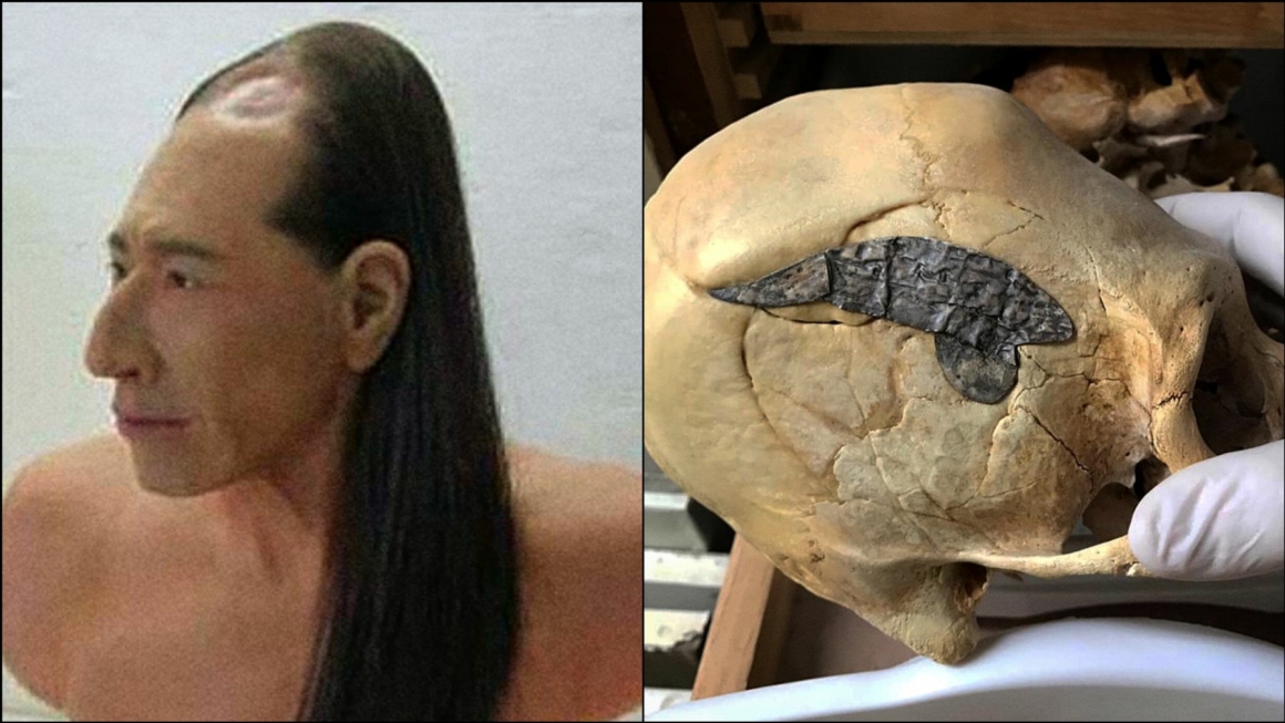 2,000 metų senumo kaukolė, kurią kartu laiko metalas