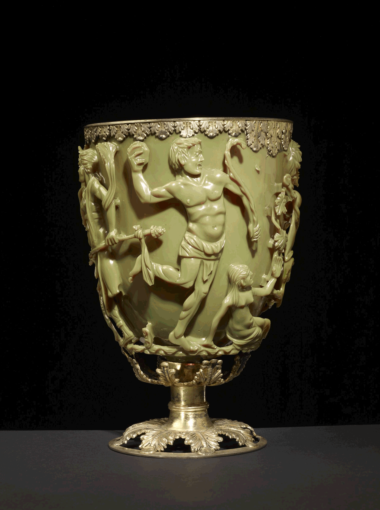Roman Lycurgus Cup is a 1,600-year-old jade green Roman chalice. When you put a source of the light inside it it magically changes colour. It appears jade green when lit from the front but blood-red when lit from behind or inside.