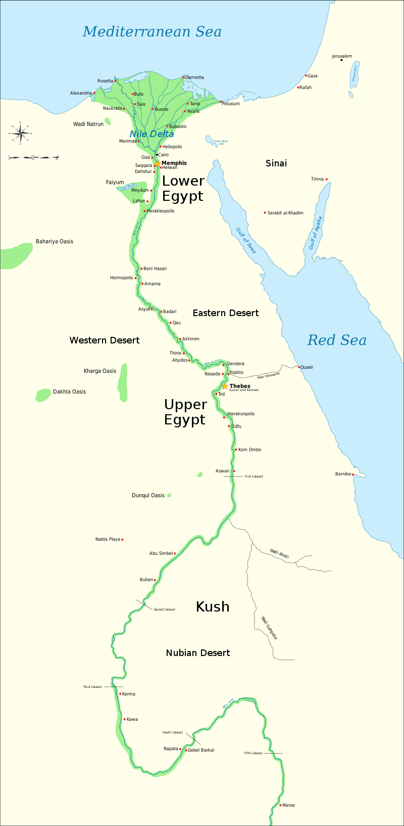Карта Куша и Древнего Египта, показывающая Нил до пятого порога, а также крупные города и памятники периода древнеегипетской династии (3150 г. до н.э. - 30 г. до н.э.) (карта: Джефф Даль, CC Y-SA 4.0)