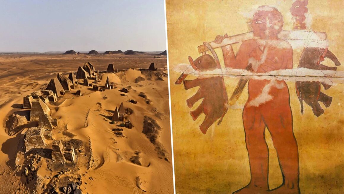 Forntida väggmålning i de nubiska pyramiderna som visar en "jätte" som bär två elefanter !! 2