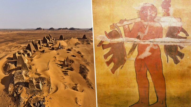 Starověká nástěnná malba v núbijských pyramidách zobrazující „obra“ nesoucího dva slony !! 1