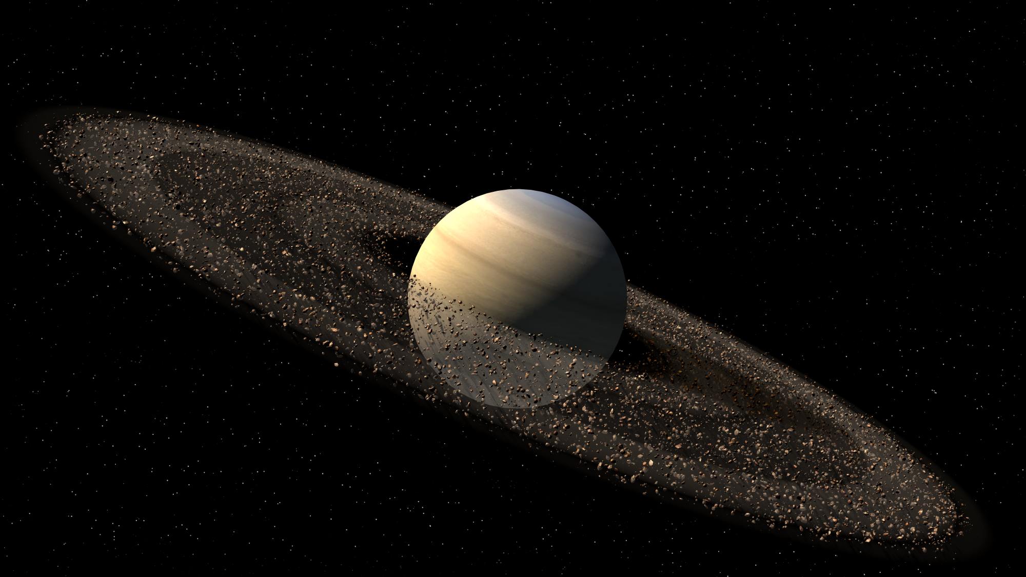 Illustratioun vum Planéit Saturn mat Asteroidréng. ©