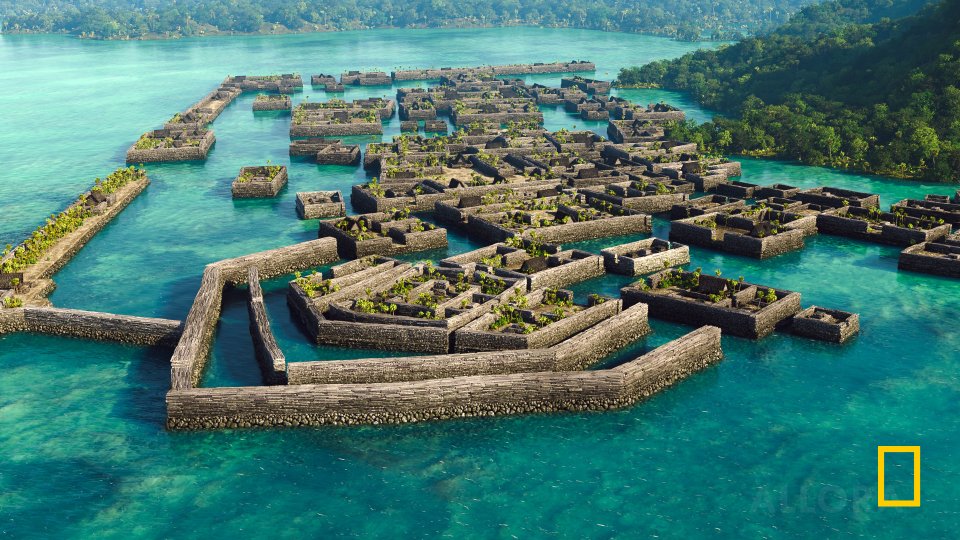 Eng digital Rekonstruktioun vum Nan Madol, eng befestegt Stad regéiert vun der Saudeleur Dynastie bis 1628 CE. Läit op der Insel Pohnpei, Mikronesien.
