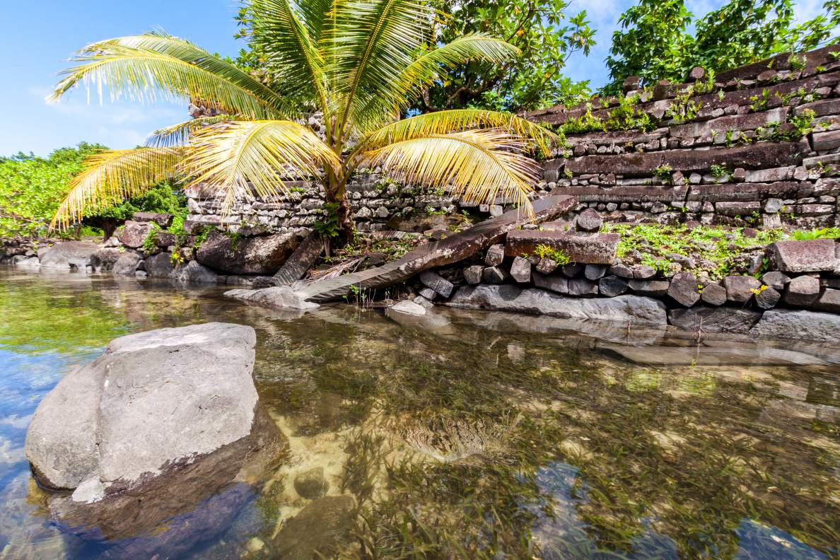 Walls and canals of Nandowas part of Nan Madol. In some places the basalt rock wall that has been built across the island in the middle of the Pacific Ocean is 25 feet high and 18 feet thick. Signs of human habitation are found all over the island city, but experts have not yet been able to determine which modern human ancestors lived in the city. Further researchs are underway. © Image Credit: Dmitry Malov | Licensed from DreamsTime Stock Photos, ID 130392380