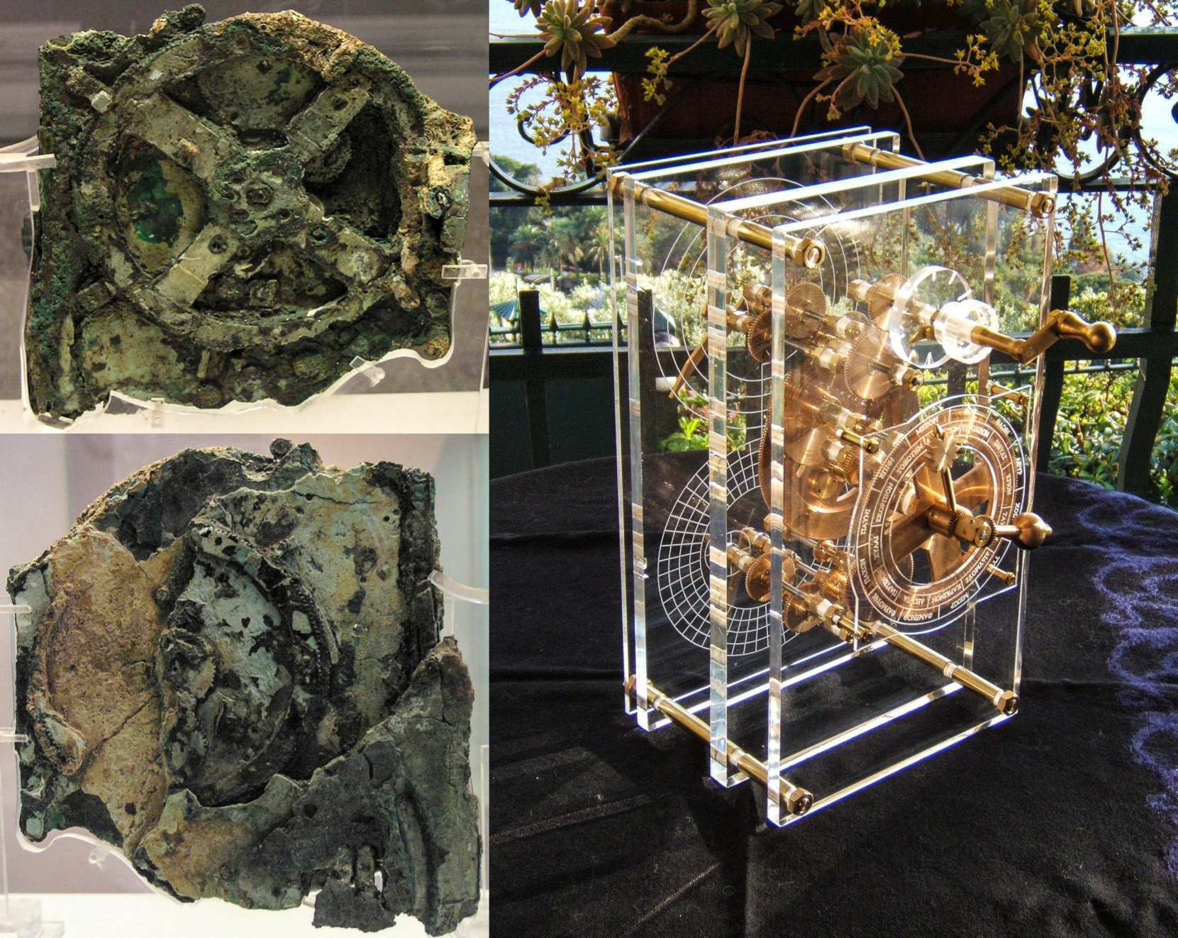 The Antikythera mechanism (reconstruction visible in the image at right) consists of 37 different types of gears and is so complex that many consider it the first analog computer made by man. Found housed in a 340 mm × 180 mm × 90 mm wooden box, the device is a complex clockwork mechanism composed of at least 30 meshing bronze gears. Its remains were found as 82 separate fragments, of which only seven contain any gears or significant inscriptions. The largest gear (clearly visible in image at top-left) is approximately 140 mm in diameter and originally had 223 teeth.