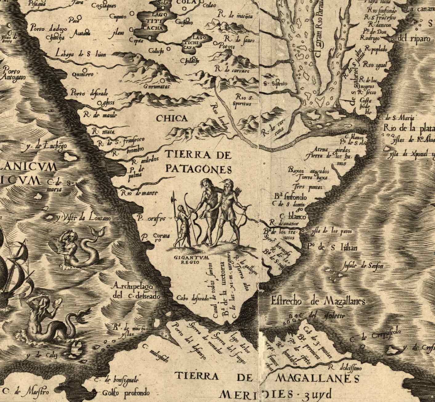 Mapa od Diega Gutiérreze z roku 1562, na které jsou patrně patagonští obri a některé mořské panny hrající frisbee.