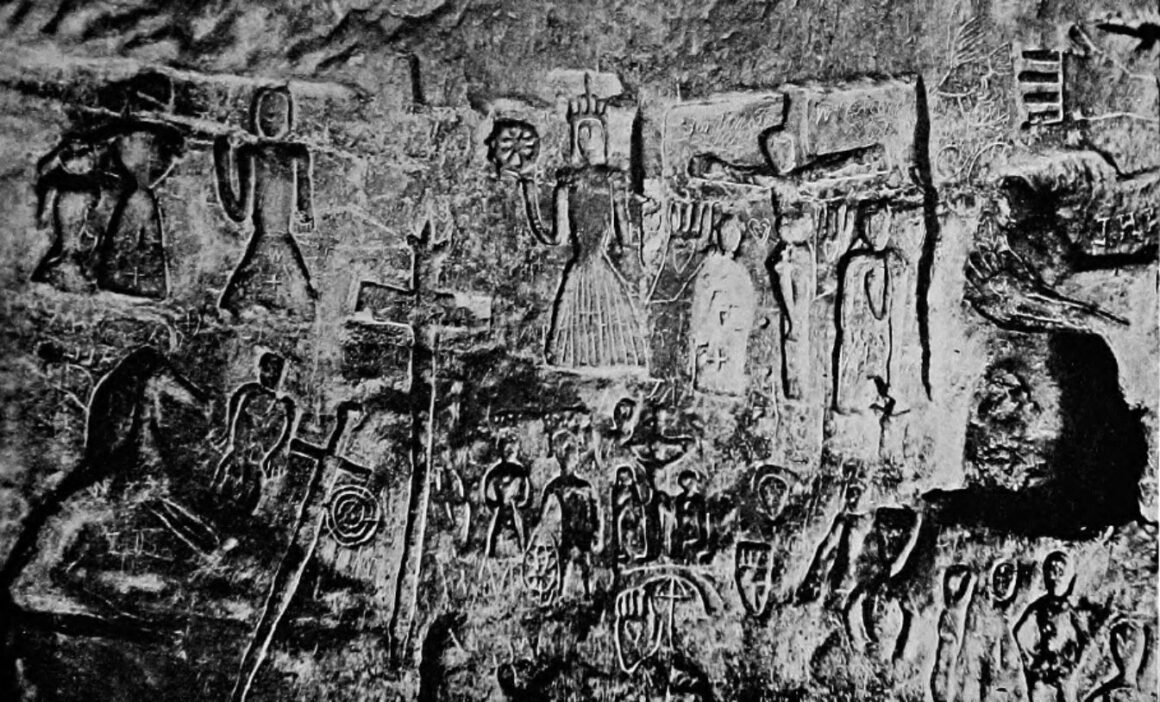 Mysterious symbols and carvings in man-made Royston Cave 14