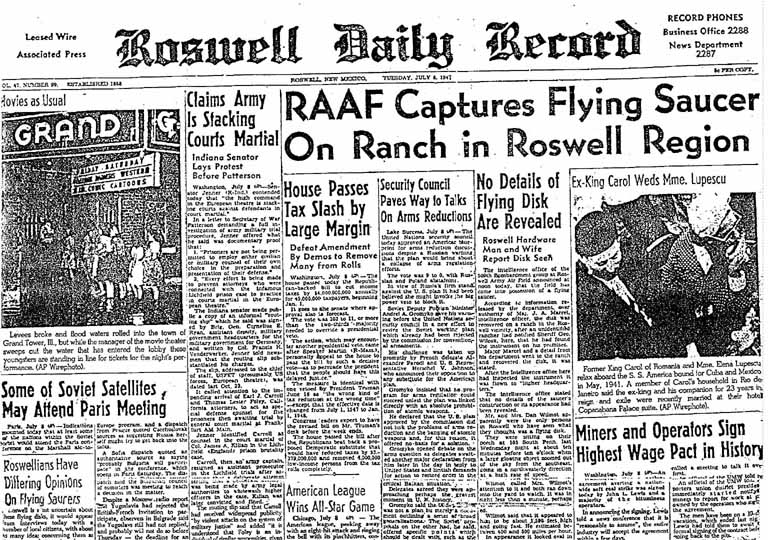 Roswell Daily Record from July 9, 1947 detailing the Roswell UFO incident.