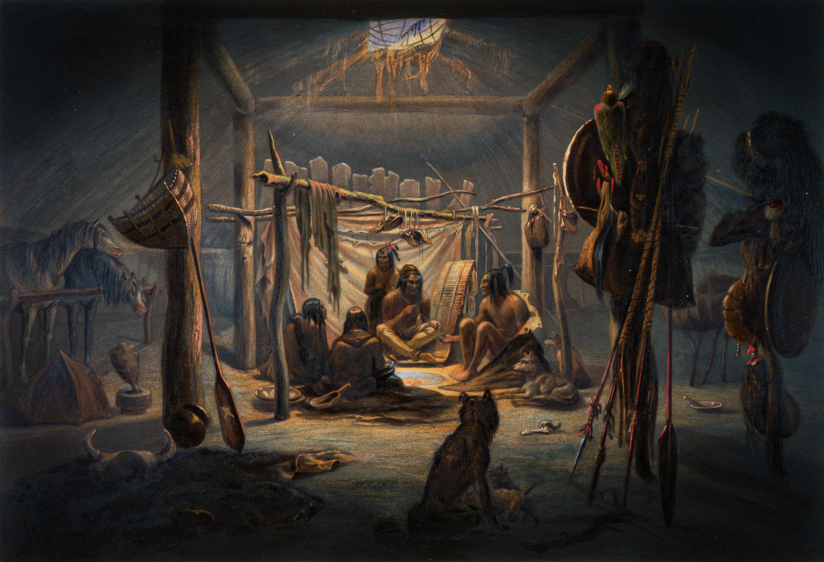 O Interior da Cabana de um Chefe Mandan por Karl Bodmer