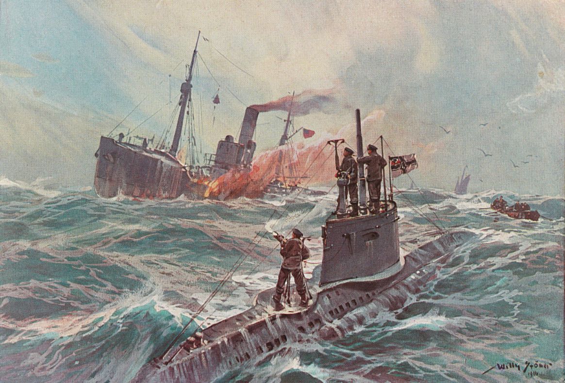 Saksa allpaat uputab liitlaste laeva, autor Willy Stöwer, 1916 © Kongressi raamatukogu