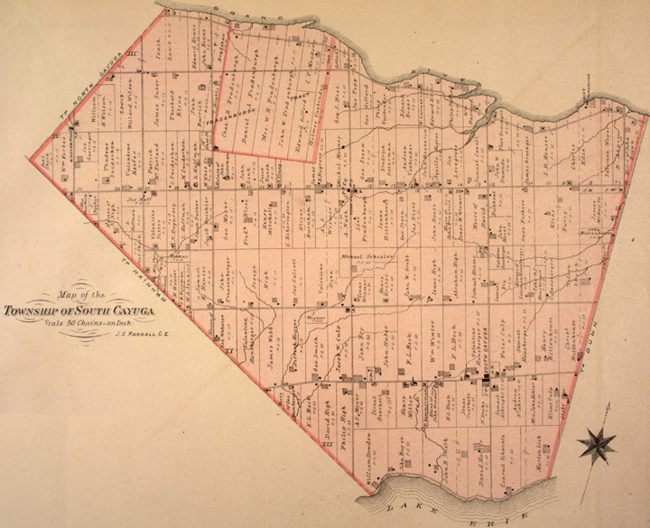 1880 m. Kajugos miestelio žemėlapis, pietūs, Haldimando grafystė Ontarijo valstijoje, Kanada.