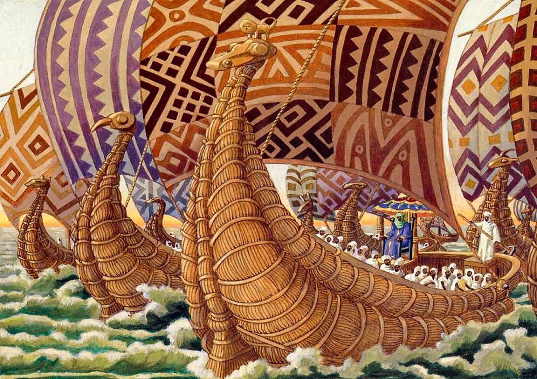 Изобразяващ - Абу Бакари II плава на запад с огромната си флота през Атлантика.