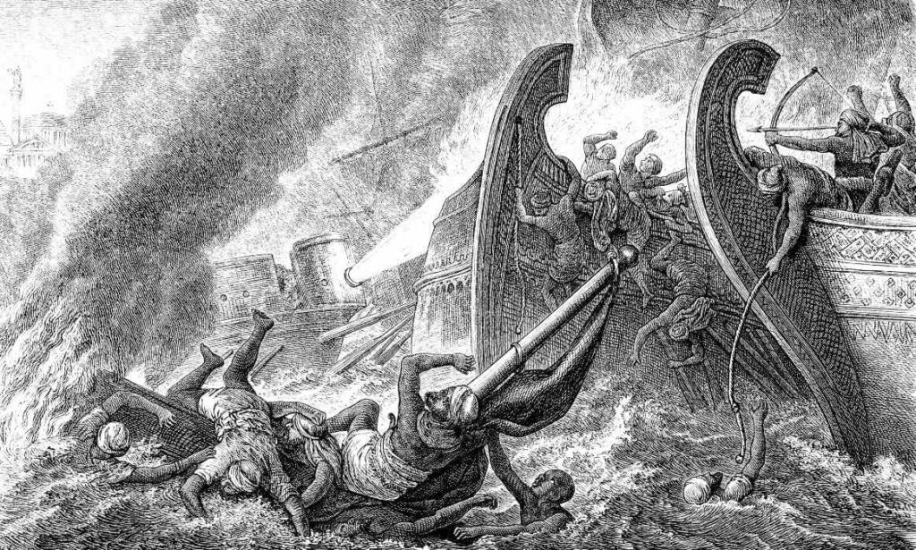 Ilustración de un incendio griego contra los árabes en Constantinopla, siglo VII EC.