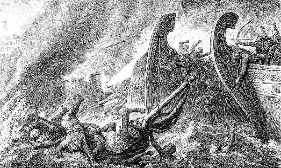 تصویر آتش سوزی یونانی علیه اعراب در قسطنطنیه، قرن هفتم پس از میلاد.