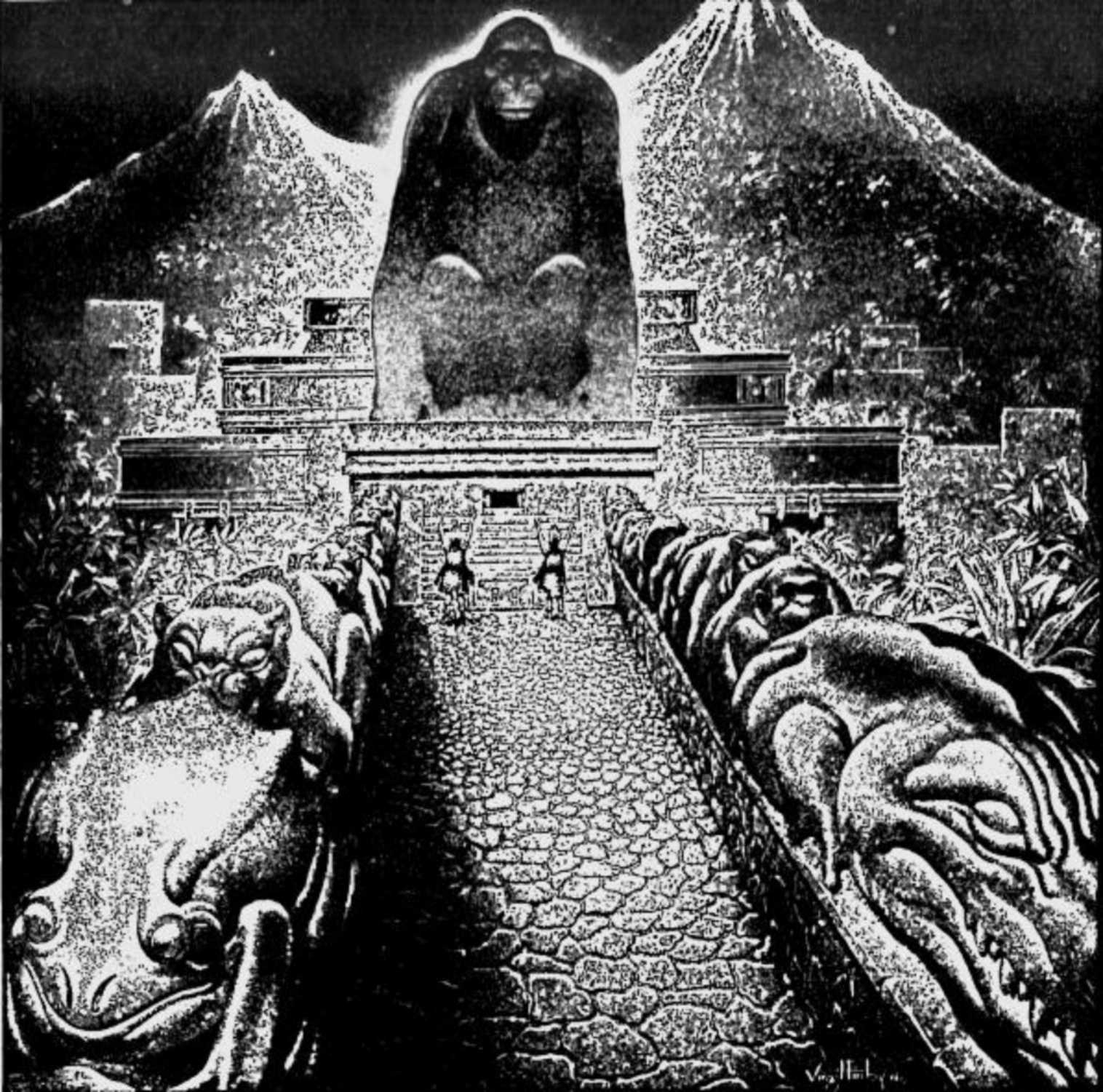 Artist Virgil Finlay's conceptional drawing of Theodore Moore's "Lost City of the Monkey God". Originally published in The American Weekly, September 22, 1940