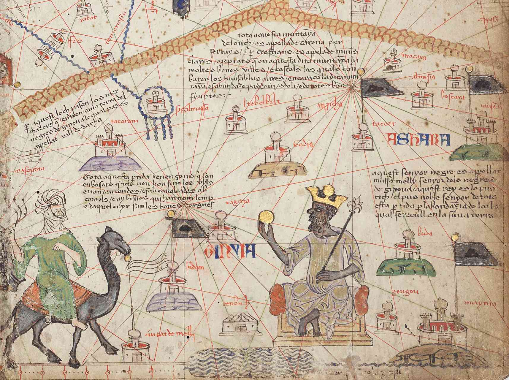 Detail z listu katalánského atlasu 6 zobrazující Západní Saharu. Nahoře je pohoří Atlas a dole řeka Niger. Mansa Musa je zobrazen, jak sedí na trůnu a drží zlatou minci.