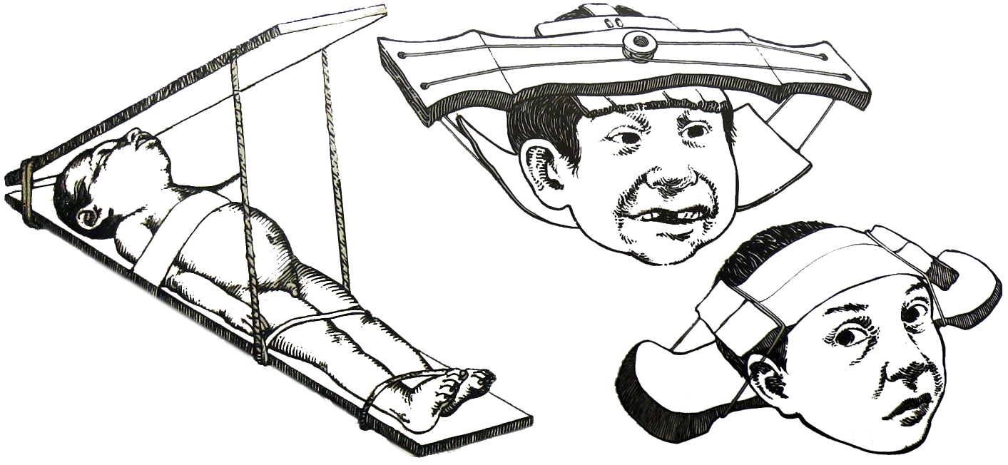 Tres dibujos de métodos que usaban los pueblos mayas para dar forma a la cabeza de un niño.