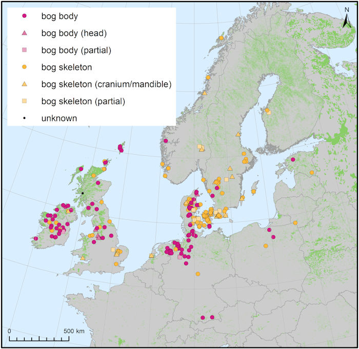 Распределение человеческих останков на болотах. Кредит: авторы