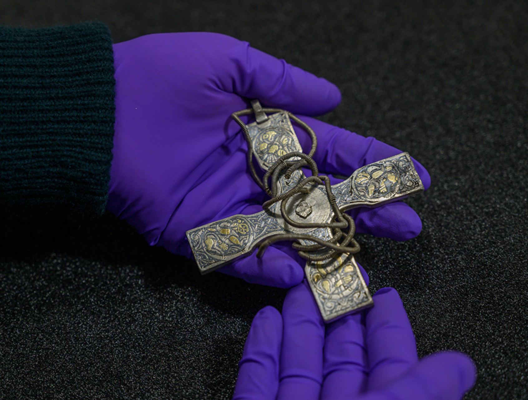 Ornamented silver pectoral cross with wire chain from the viking age Galloway Hoard.