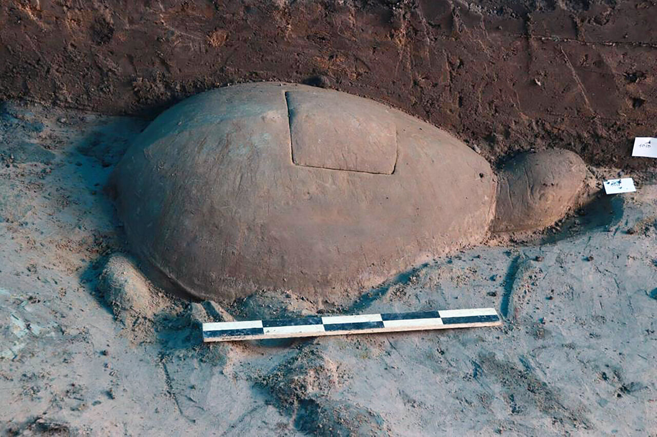 This May 6, 2020, photo provided by Apsara Authority shows a turtle statue displayed on the ground of Srah Srang site in Siem Reap province northwest Cambodia. Cambodian archaeologists have unearthed a large centuries-old statue of a turtle on Thursday, May 7, 2020, in an excavation at the famous Angkor temple complex in the country's northwest.