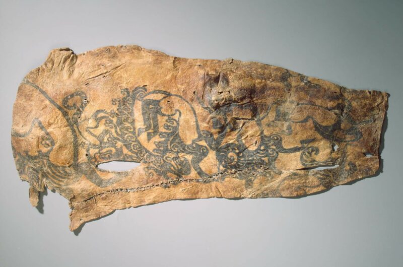 Tattoo on the Right Arm of a Tribal Chief, 5th century BC Pazyryk Culture, Early Iron Age, Altai Mountains. The right arm from the wrist to the shoulder bears the representations of six fantastic antlered beasts, their hind quarters twisted around.