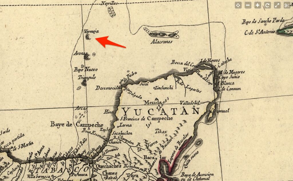 Bermeja (dibulatkan dengan merah) pada peta dari 1779. © Carte du Mexique et de la Nouvelle Espagne: contenant la partie australe de l'Amérique Septentle (LOC)