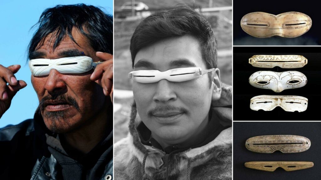 Inuit Schnéibrille aus Schanken, Elfebeen, Holz oder Gewei geschnëtzt 3