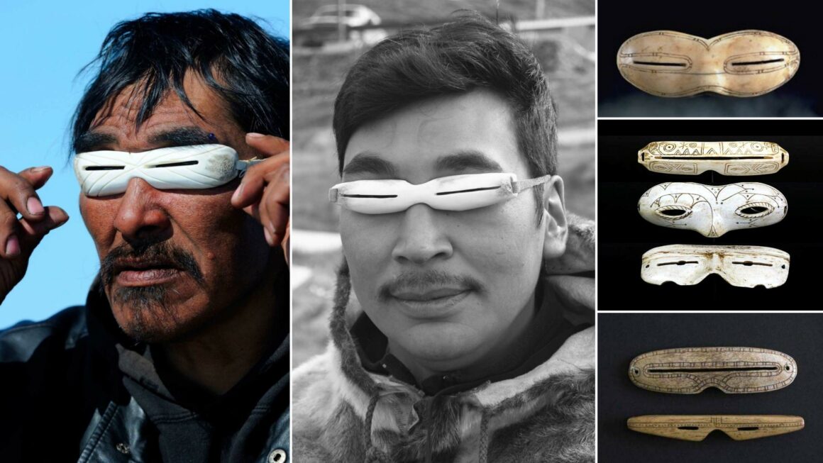 Kacamata salju Inuit diukir tina tulang, gading, kai atawa tanduk 9