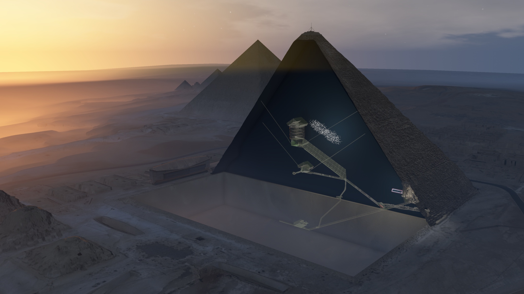 A 3D aerial view of the Great Pyramid of Giza, showing the chambers within
