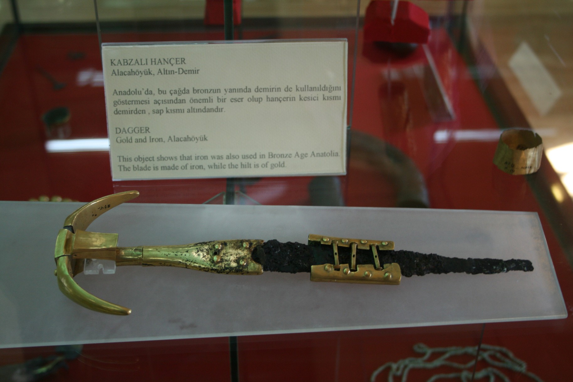 A dagger from Alacahöyük, an archaeological site in Turkey. It is made up of iron and gold, lenght 18.5 cm. It dates back to Bronze Age, 2500-2000 BC.