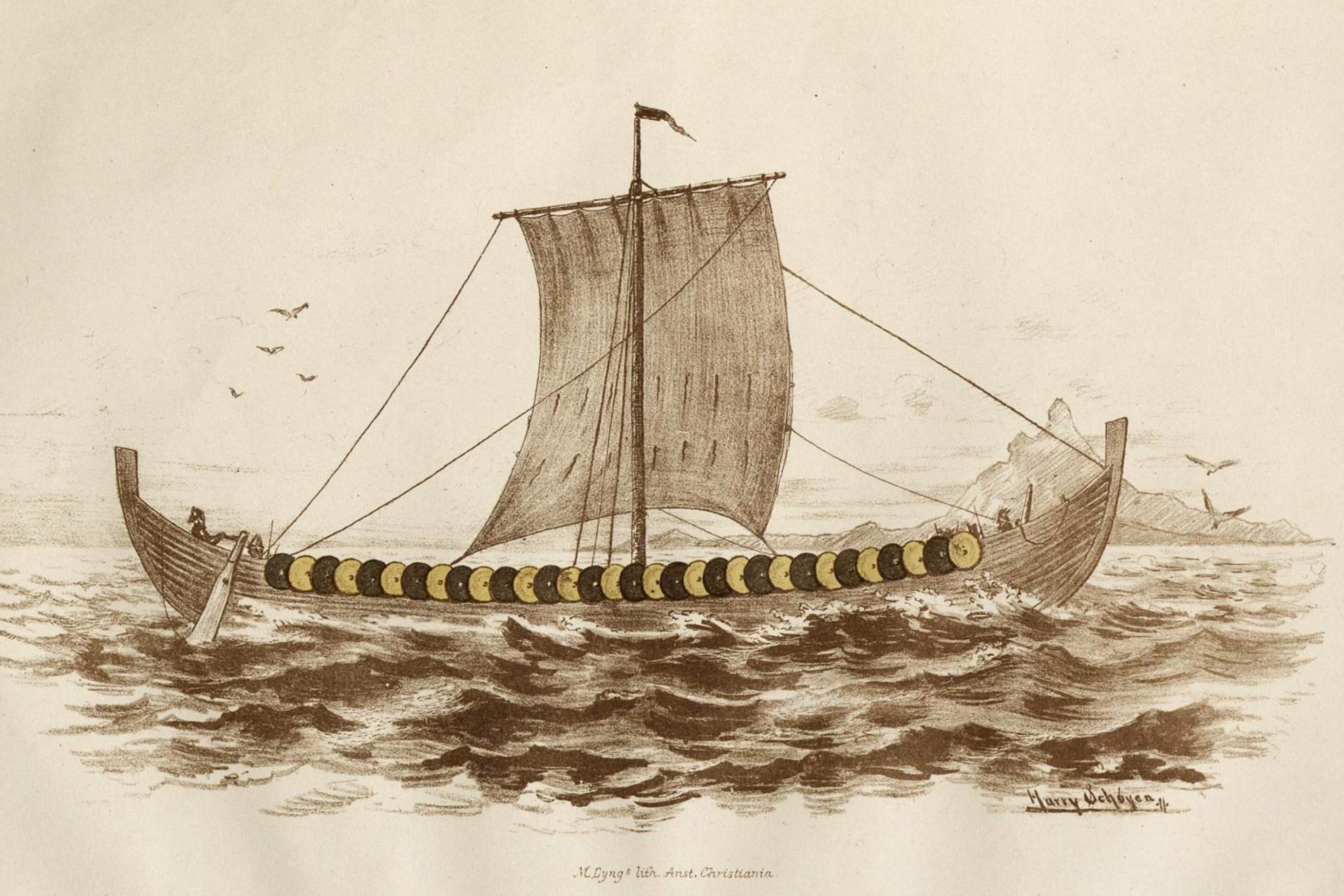 A reconstructive drawing of the Gokstad long ship from Nicolaysen’s 1882 publication. Drawing by Harry Schøyen.