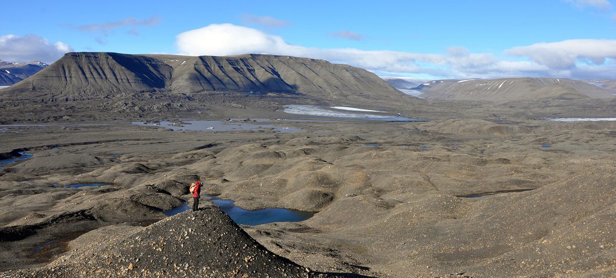 Fossilbærende klipper på Spitsbergen, der producerer de tidligste ichthyosaur-rester.