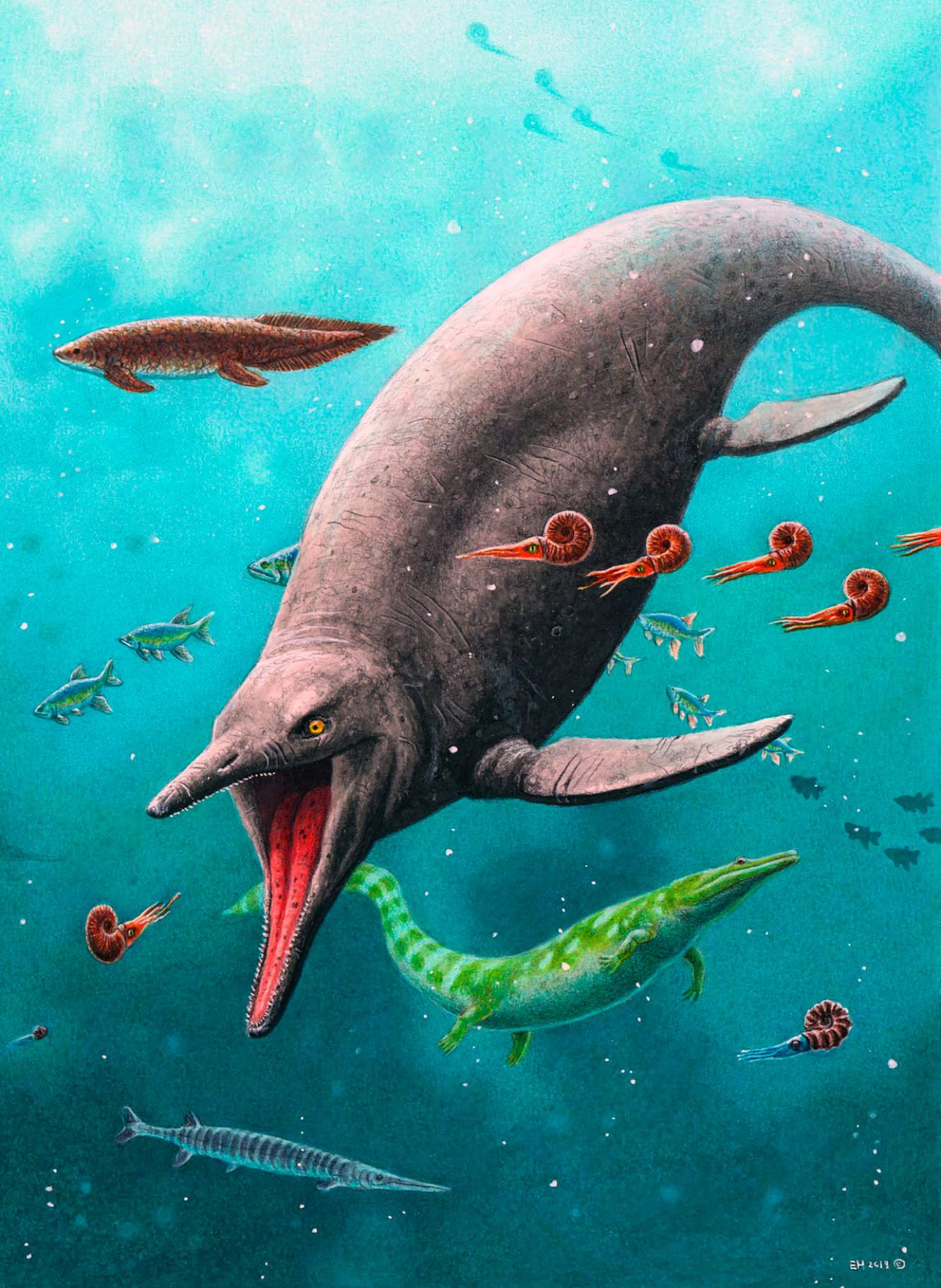 Reconstruction of the earliest ichthyosaur and the 250-million-year-old ecosystem found on Spitsbergen.