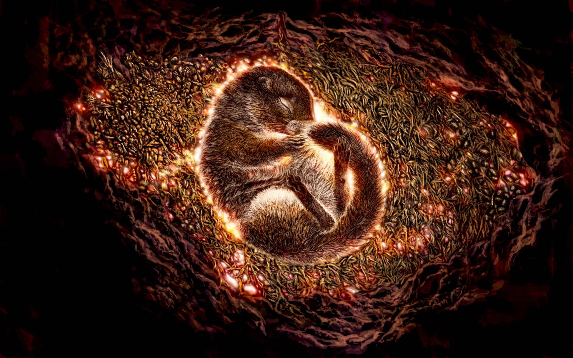 An illustration of the mummified ground squirrel curled up in its burrow during hibernation.