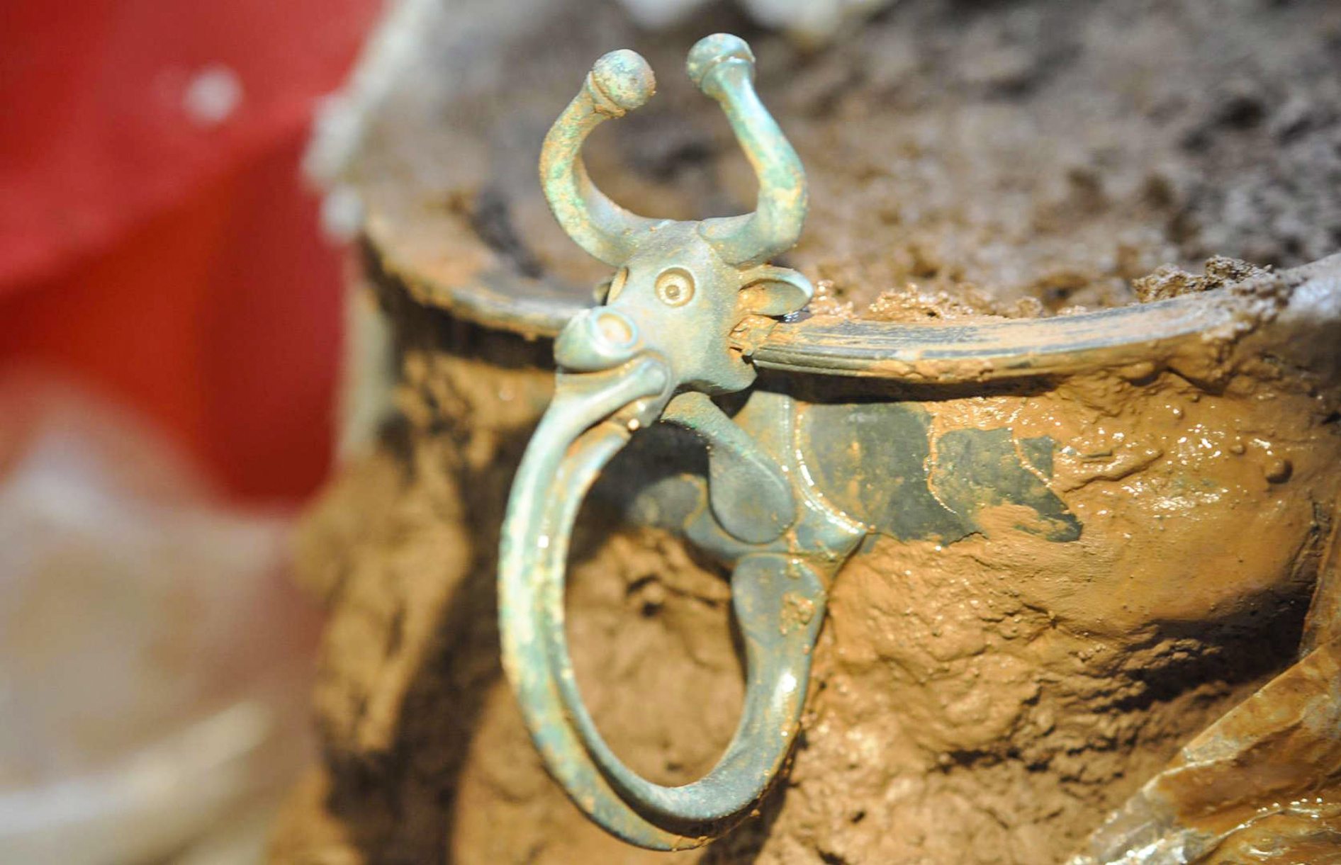 A copper alloy bowl with an adorable, cartoon-like decorative ox head escutcheon on the rim. The ox has curving horns with round caps on the ends, little ears that poke out the side of its head, large round hollow eyes and matching nostrils, with the handle protruding from its mount and curving back down to the bowl's body. The bowl is still covered in mud and packed with cling film and blue tissue.
