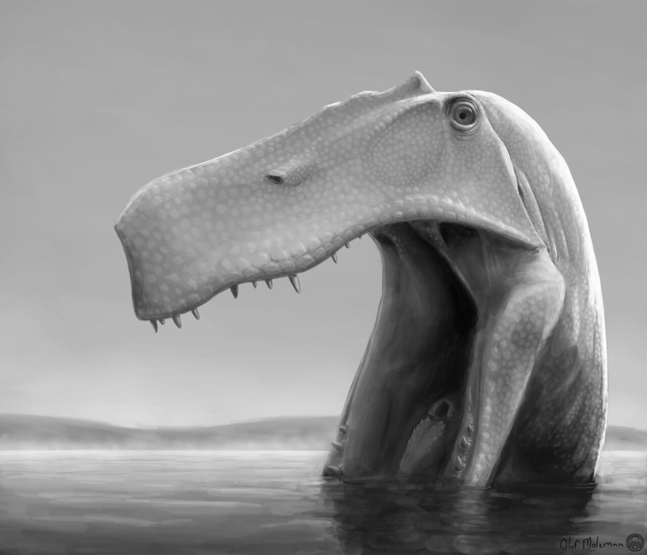 Brazil in the Early Cretaceous, 115 Ma ago: the predatory dinosaur Irritator challengeri forages with spreading lower jaws in shallow water for small prey, including fish.