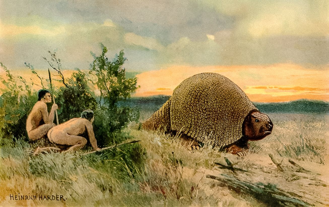 Humans may have been begun hunting glyptodonts after arriving in South America, which may have played a role in their extinction. © Heinrich Harder