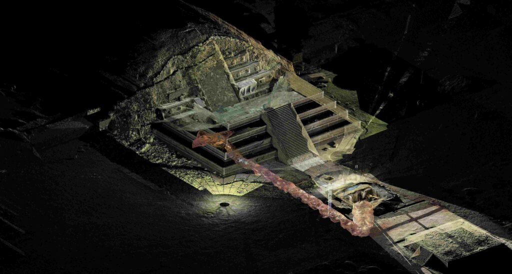 3D vykreslení chrámu Quetzacoátl ve starověkém městě Teotihuacán zobrazující tajné podzemní tunely a komory. © Národní institut antropologie a historie (INAH)