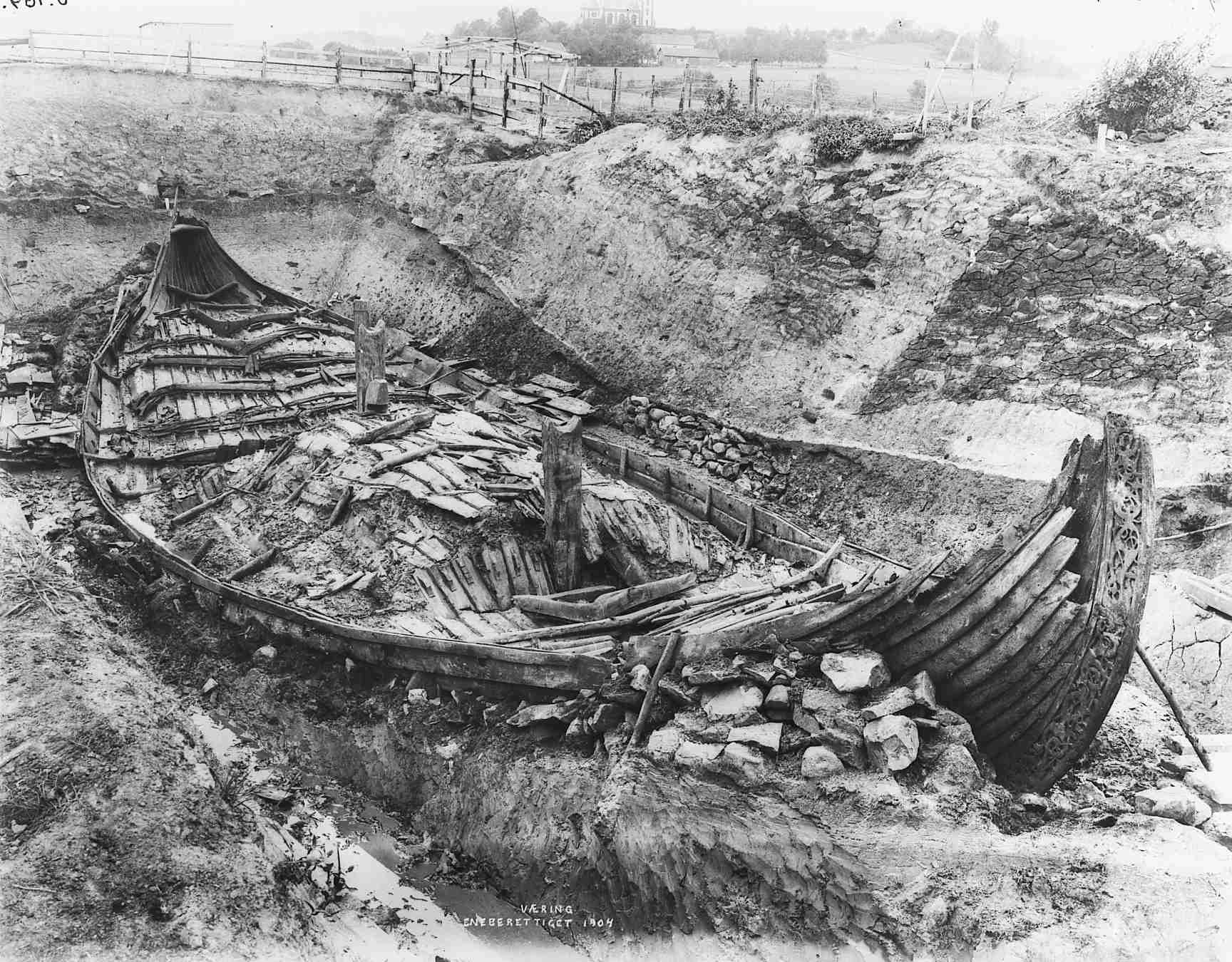 From the archaeological excavations of the Oseberg burial mound near Tønsberg (100 km southwest of Oslo, Norway) in 1904. The find consisted of a Viking ship (the Oseberg Ship), numerous wooden and metal artefacts, textiles and even sacrificed animals used as offerings to the two buried women.