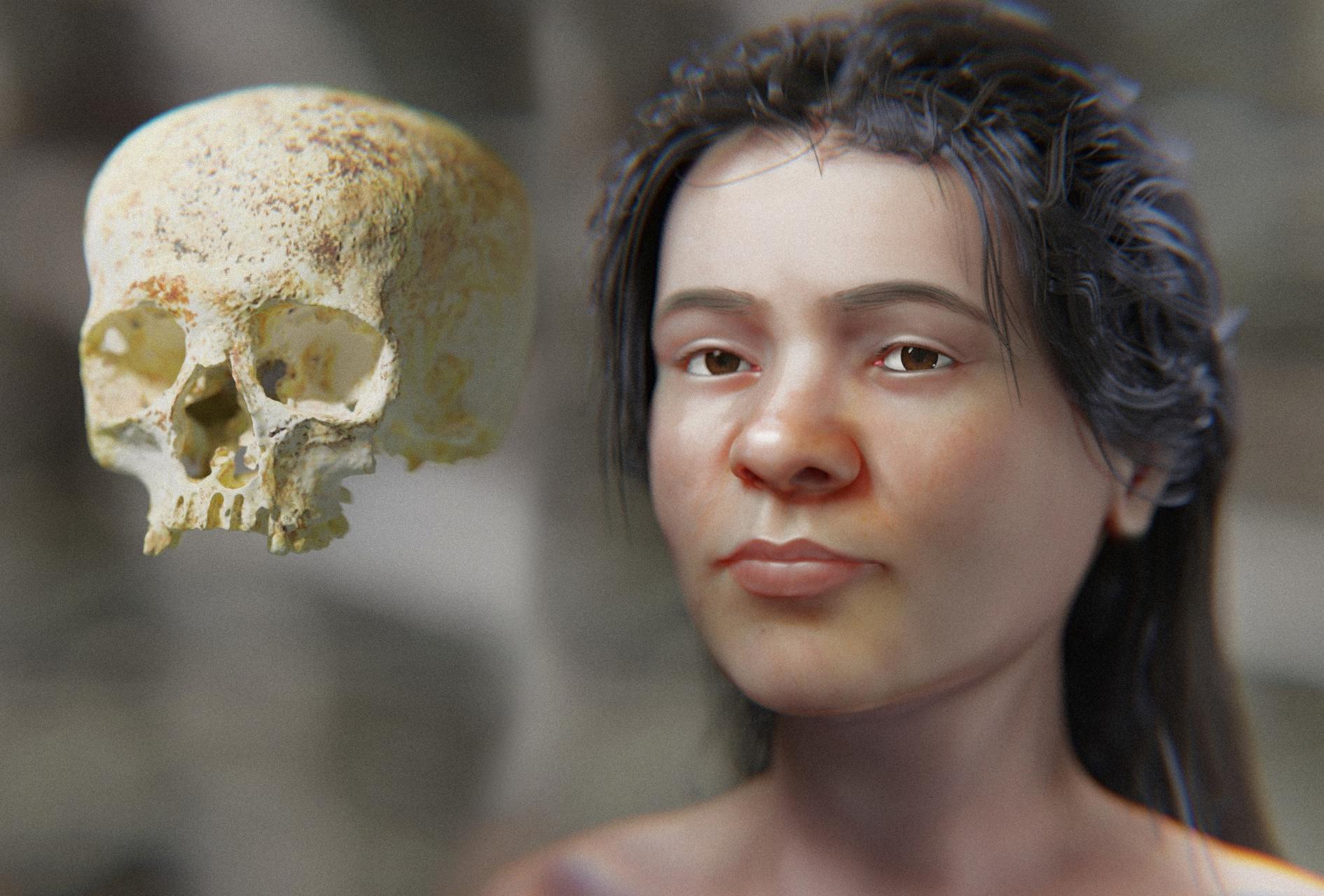A facial representation of a female from the Bronze Age was created by scientists using scans of her skull. This image is believed to be a close replication of what she may have looked like 3,800 years ago. A facial approximation of a Bronze Age woman.
