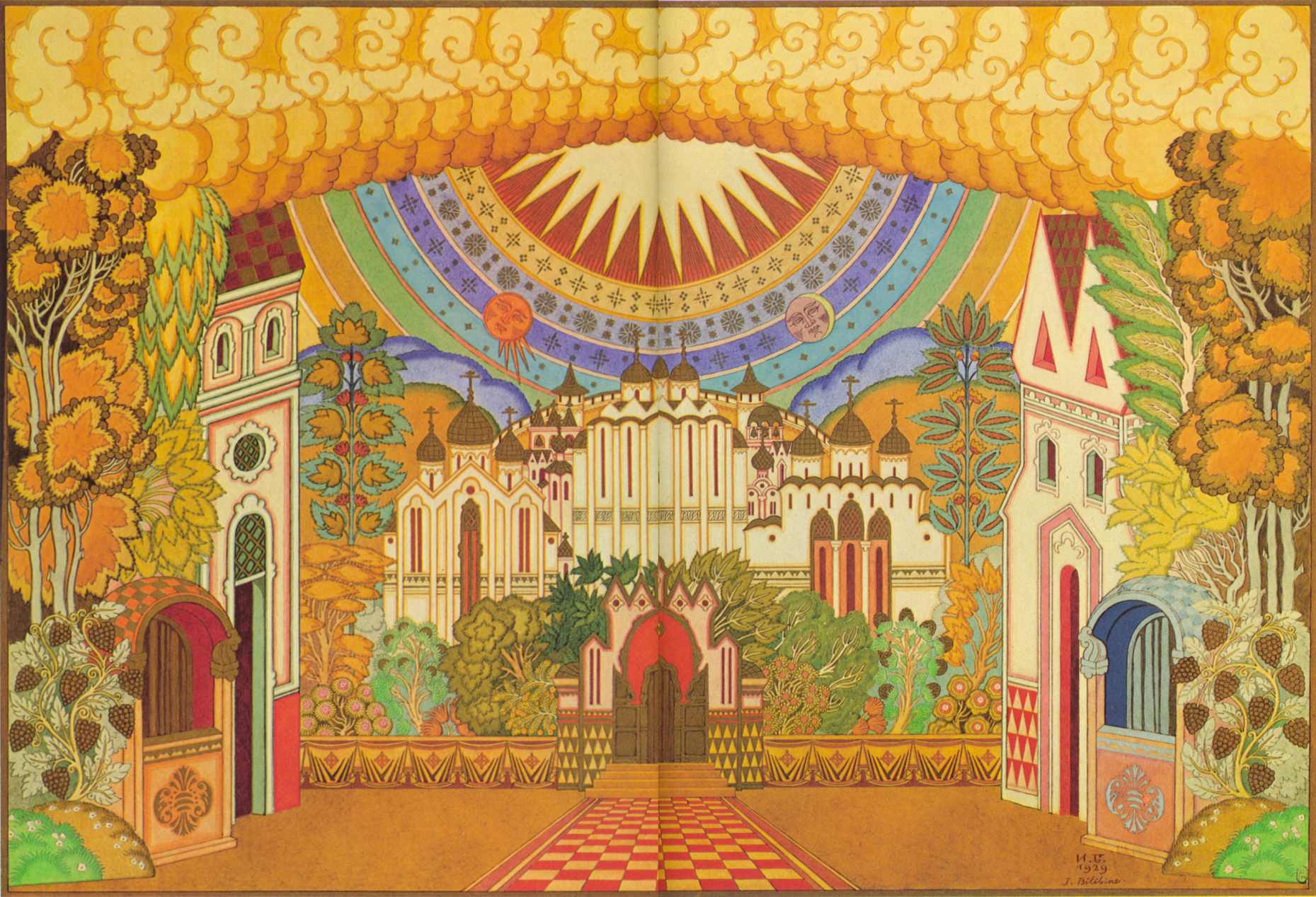 Stage-set design for Scene Two, Act Four of the opera the "Tale of the Lost City of Kitezh and the Maiden Fevronia" by Rimsky-Korsakov.