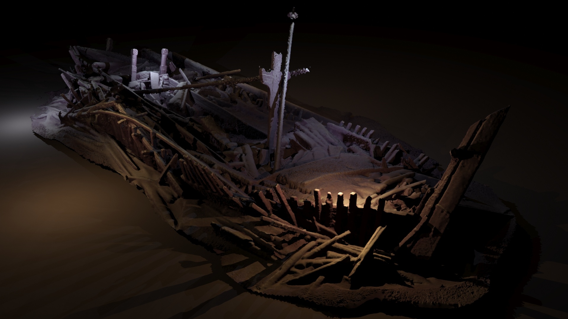 A shipwreck from the Ottoman period discovered in 300m of water. Many of its timbers are carved. This image is a photogrammetric model created from photographs taken by cameras on the ROV, rendered with light sources (model Rodrigo Pacheco-Ruiz).