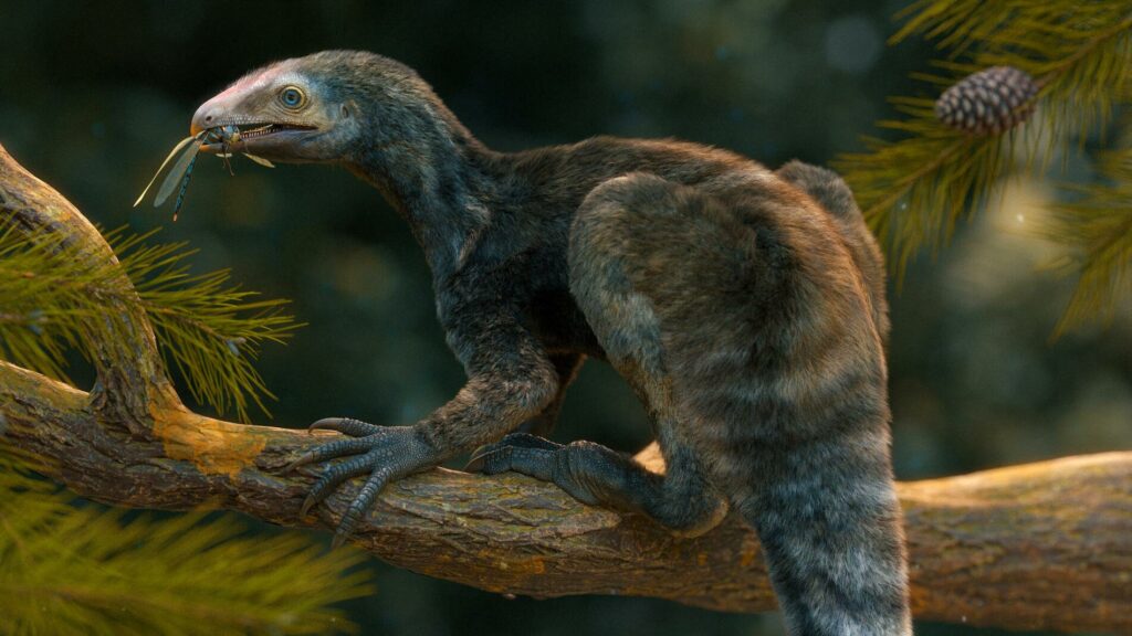 Ang interpretasyon sa artist sa Venetoraptor gassenae sa usa ka Triassic nga talan-awon.