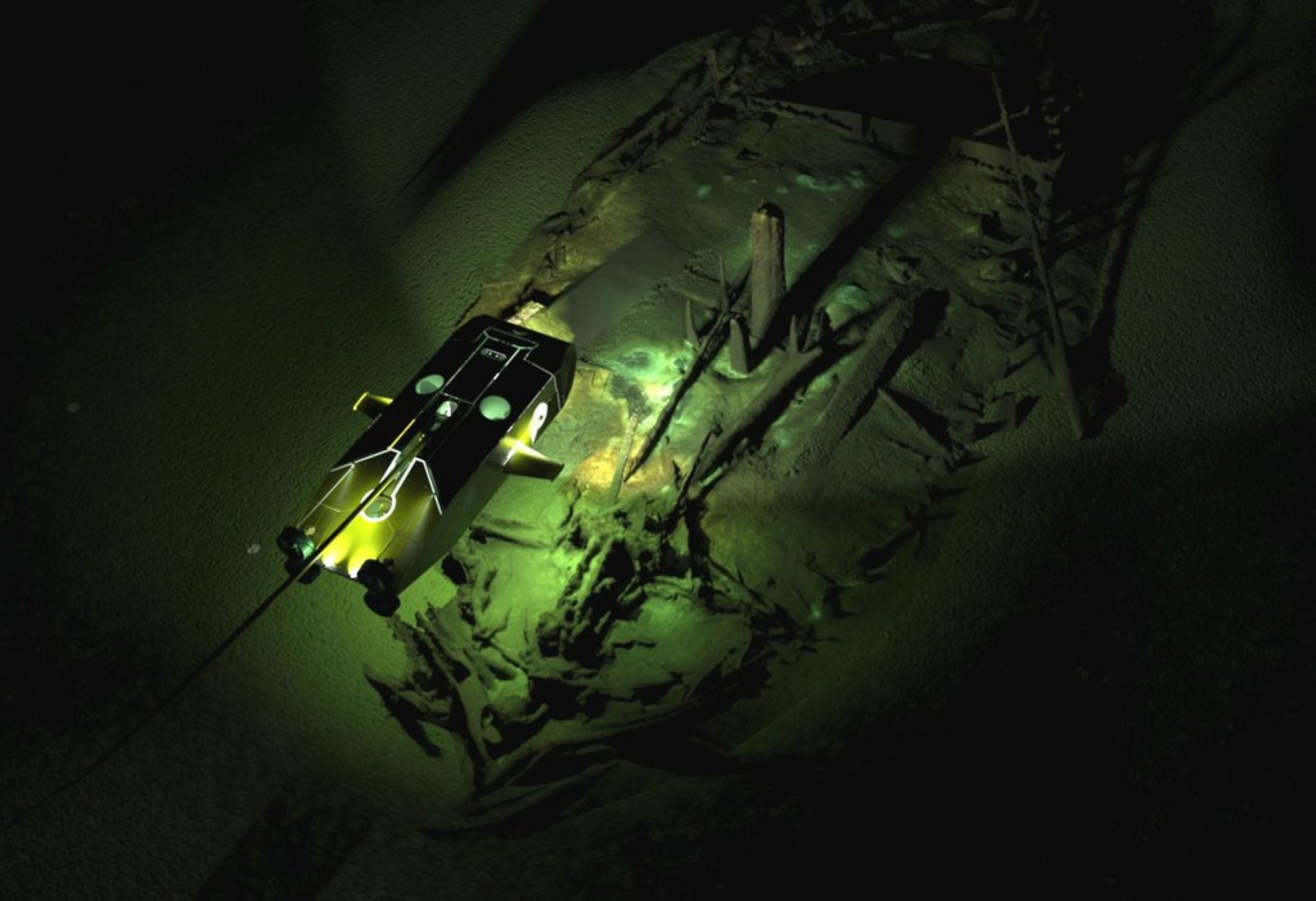 A photogrammetric image of a Byzantine wreck, dating perhaps to the ninth century. Superimposed is an image of one of the expedition’s tethered robots that photographed the lost ships.
