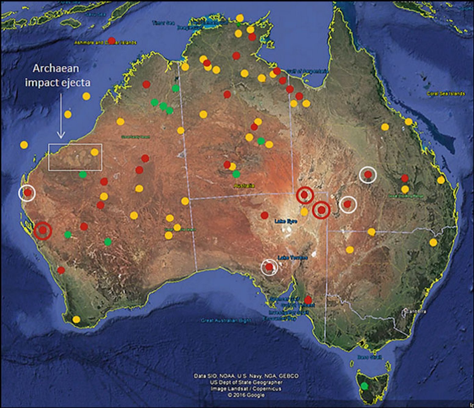 This map shows the distribution of circular structures of uncertain, possible or probable impact origin on the Australian continent and offshore. Green dots represent confirmed impact craters. Red dots represent confirmed impact structures that are more than 100km wide, whereas red dots inside white circles are more than 50km wide. Yellow dots represent likely impact structures.